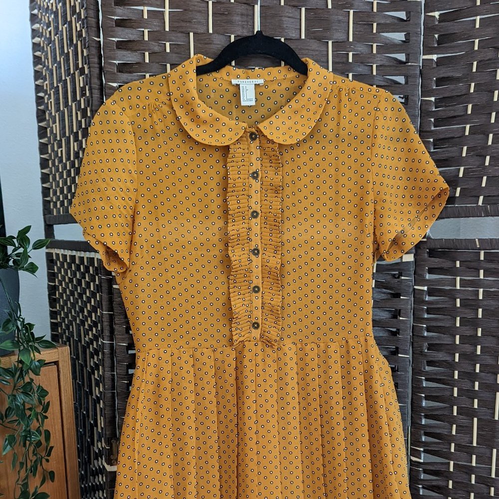 Forever 21 Mustard Yellow Pleated Dress with Peter Pan Collar (S)